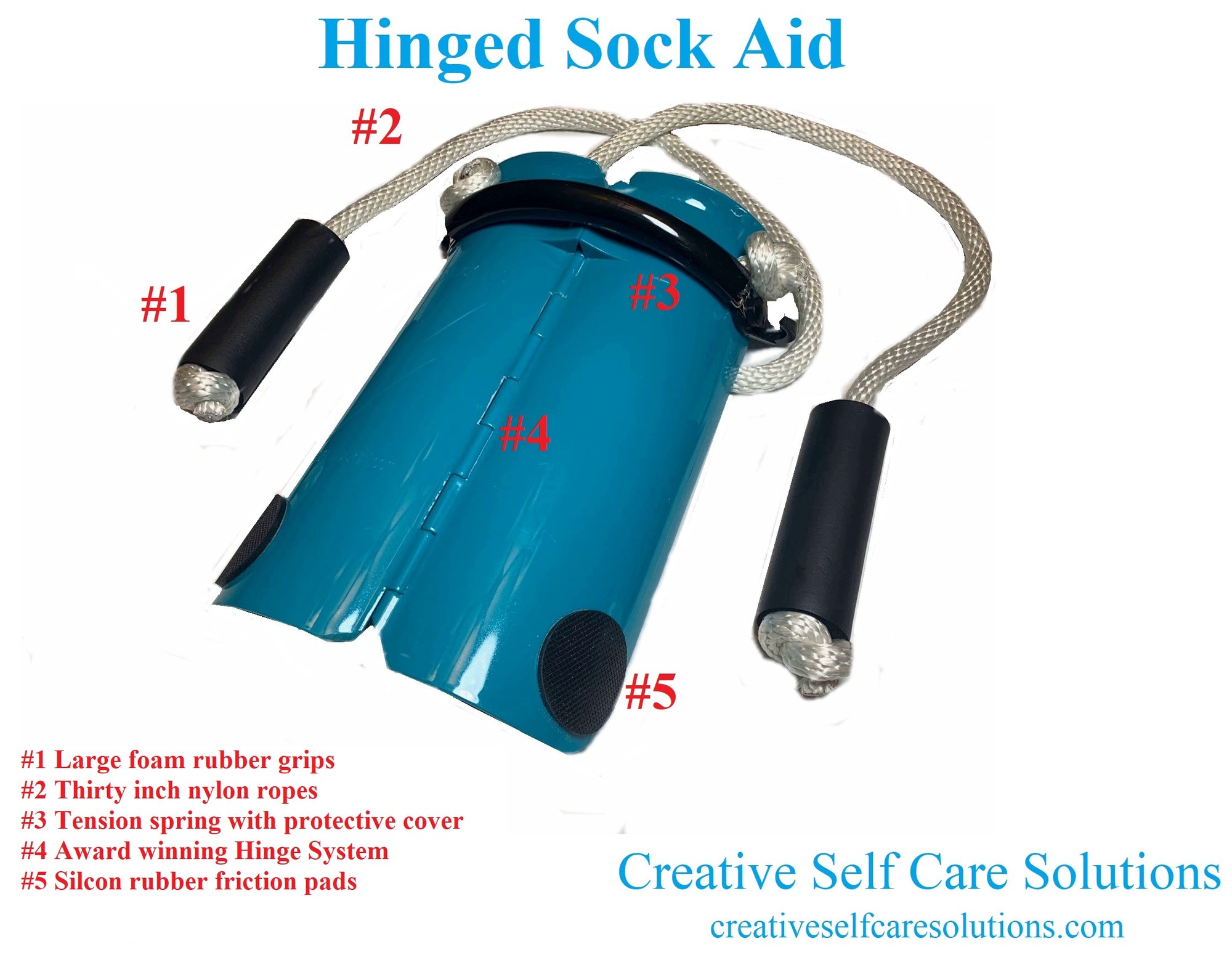 FOLDING PLASTIC COMPRESSION SOCK AID WITH SINGLE SPRING ASSIST.  CREATIVE SELF CARE SOLUTIONS Folding hard sock aid helps open the sock.