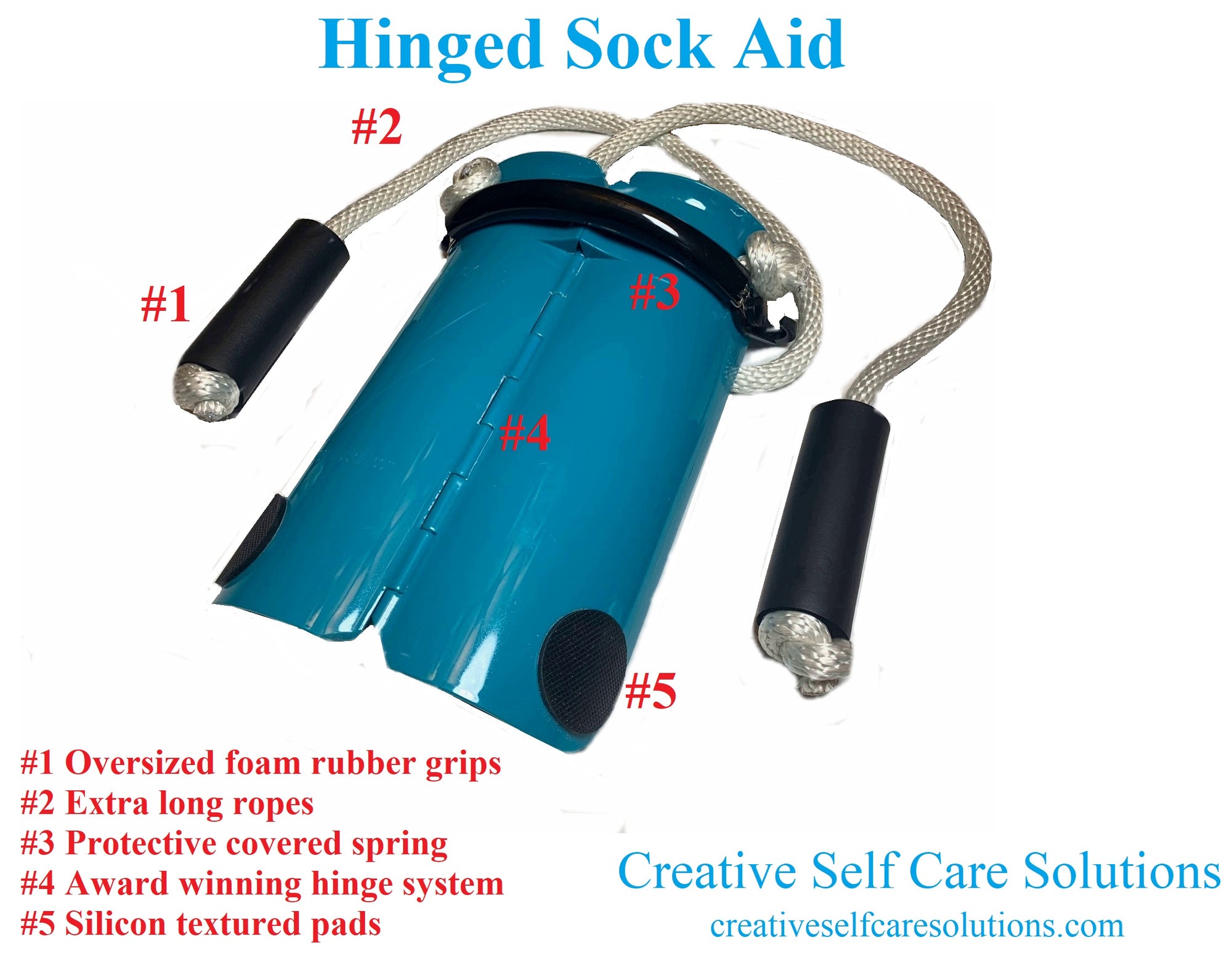 FOLDING PLASTIC COMPRESSION SOCK AID WITH DOUBLE SPRING ASSIST.  CREATIVE SELF CARE SOLUTIONS Folding hard sock aid helps open the sock.