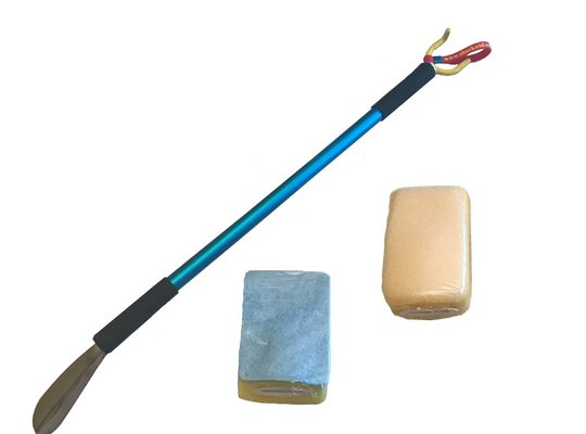 Shoe and Sock Dressing Aid with two attachable Bathing Sponges