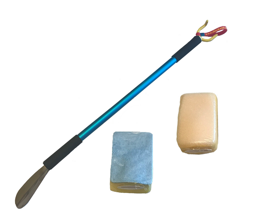 Shoe and Sock Dressing Aid with two attachable Bathing Sponges